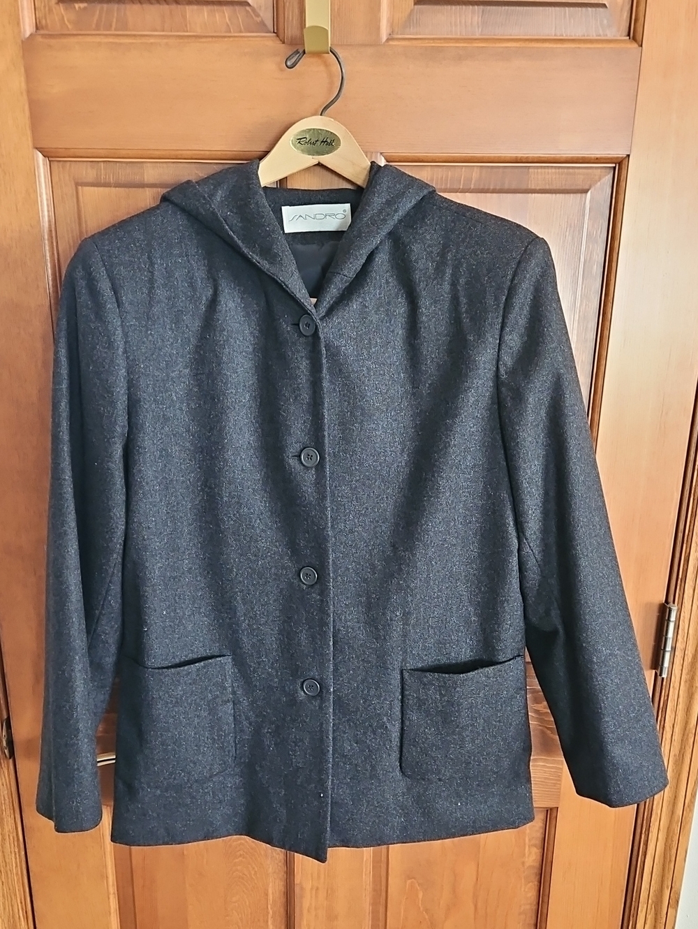 Sandro Charcoal Hooded Wool Pea Coat